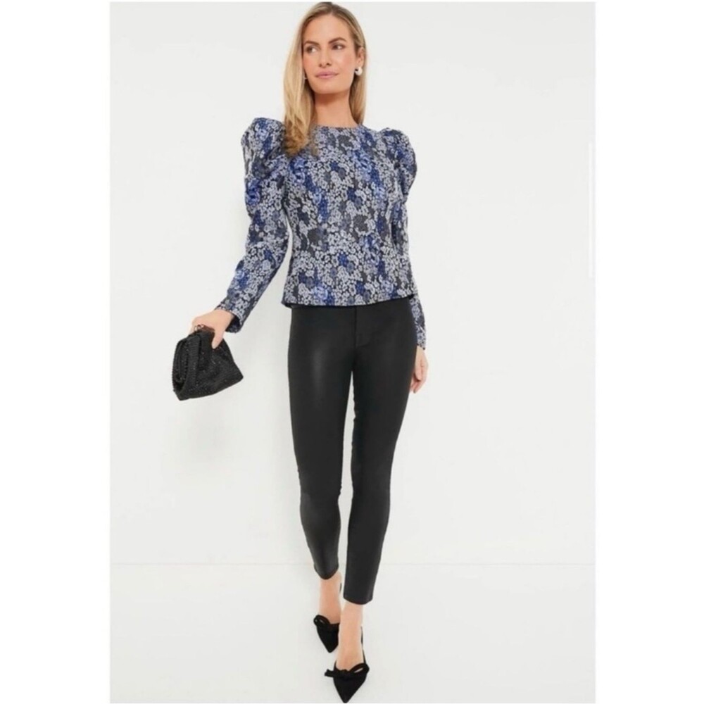 Hyacinth House Priscilla Puff Sleeve Top Blue Floral Jacquard Size Small
